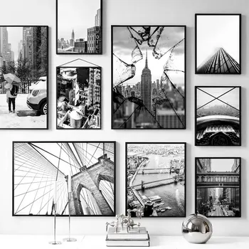 New York Poster Siyah ve Beyaz şehir duvar sanat resmi Oturma Odası için Tuval Boyama Sokak Bina Duvar Dekor Posterleri Baskılar