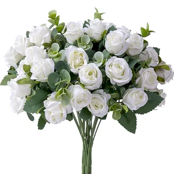 10 Kafaları yapay çiçek İpek Gül beyaz Okaliptüs yaprakları Şakayık Buket Sahte Çiçek Düğün Masa Parti Vazo Ev Dekor