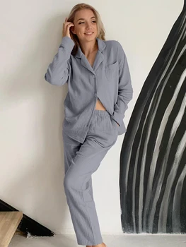 Lınad Gri Pijama Kadınlar İçin Gevşek 2 Parça Setleri pamuklu uzun kollu tişört Pijama Kadın Pantolon Takım Elbise 2023 Bahar Rahat Kıyafeti