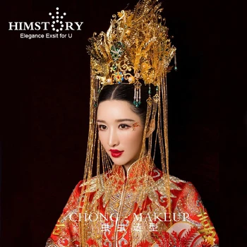 HIMSTORY Lüks Çin Geleneksel Phoenix Taç Uzun Püskül Hairwear Cheongsam Gelin Headdress Düğün Saç Aksesuarı