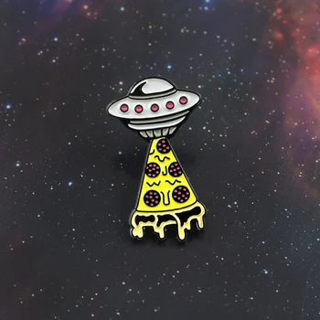 İnanıyorum Pizza Broş Alien Uzay Gemisi Pizza Mukus Uzay Araştırma İstasyonu Emaye Pin Denim Ceket Rozeti Çocuk Komik Hediyeler