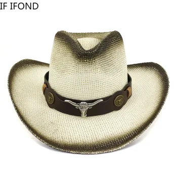 Batı kovboy şapkası güneş şapkası Erkekler Kadınlar İçin Geniş Ağızlı Hasır Şapka Güneşlik Sombrero De Paja Hombre