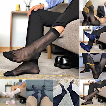 Erkekler Seksi Şerit Şeffaf Çorap İş Ofis Çorap Orta Çorap Nefes Erotik İş Resmi Çorap Calcetines Hombre Yeni