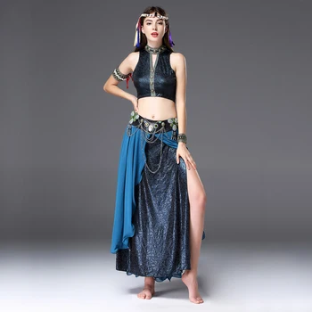 Kadın Giyim Kostüm Seti 2 adet Performans Bronz V Yaka Üst, Etek Kemer Tribal Oryantal Dans Giyim Vintage
