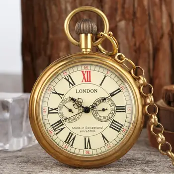 Bakır Antika Londra 1856's Antika 5 Eller Mekanik cep saati El Sarma İskelet Saat erkek cep saati es 30cm Zincir