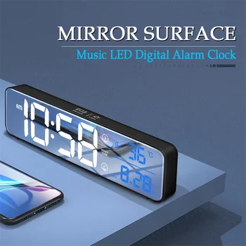 Müzik LED dijital alarmlı saat Saat Sıcaklık Tarih Ekran Masaüstü Ayna Saatler Ev Masa Dekorasyon Ses Kontrolü 2400 mAh Pil