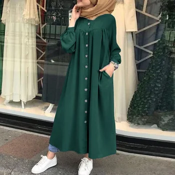 Müslüman Elbise 2022 Moda Kadın Gömlek Abaya Elbise Uzun Kollu İslam Giyim Elbiseler Malezya Kadın Düğme Elbise Abayas Kaftan