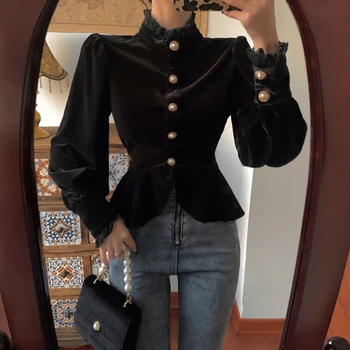 Sonbahar Kış Bluzlar Kadınlar Tops Katı Ruffles Kadife Siyah Puf Kollu Blusas Standı Yaka Vintage Ropa Mujer Kore Vintage