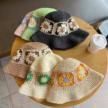 Japonya Kore Tığ Plaj Hasır Şapka Kadın Yaz Çiçekler Saf El dokuması Şapka Güneşlik Balıkçı Şapka Nefes Kova Şapka