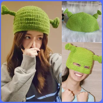 2022 Yeni Cadılar Bayramı Kaput Unisex Yün Canavar Shrek Şapka El Yapımı Kış örgü şapkalar Yeşil Parti Komik Bere Skullies Kap