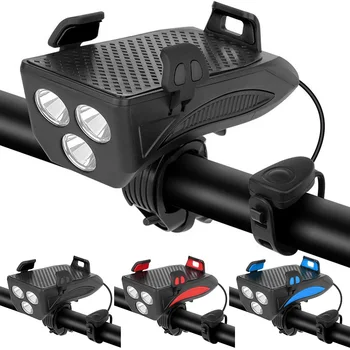 4 İn 1 LED bisiklet ışığı El Feneri Yağmur Geçirmez USB Şarj Edilebilir MTB Boynuz Alarm Zili telefon tutucu Güç Bankası Bisiklet Aksesuarları