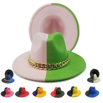 Çift Renk Fedoras Şapka Kadın Erkek Şapka Zincir Bandı Degrade Kap silindir şapka Moda Panama Kilise Şapka Fedoras Caz Kap Toptan