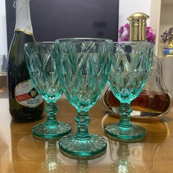 3 adet / grup Akuamarin Elmas Kabartma şarap bardağı Kadeh Renk Retro Suyu İçme Bardağı Ruhları Düğün Parti şarap bardakları 300ml