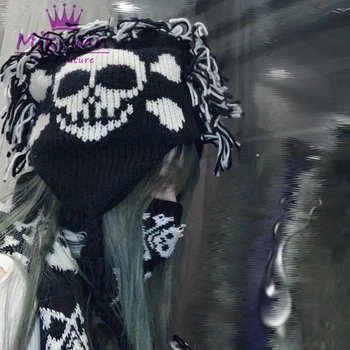 Harajuku Punk Kafatası Püskül Siyah Bere Şapka Şık Tasarım Kadınlar Kış kulak koruyucu Sıcak Örme Kapaklar Streetwear
