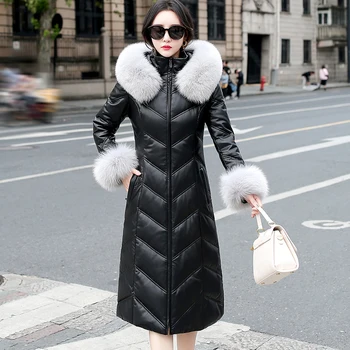 Yeni Kadın Deri uzun kaban Kış Moda Gerçek Tilki Kürk Yaka ve Manşet İnce Uzun Koyun Derisi Aşağı Palto Kalınlaşmak Sıcak Giyim