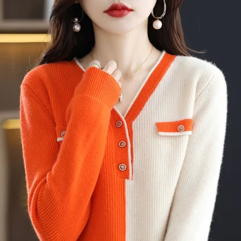 2023 Kış Üst kadın Renk Kontrast Örme Hırka %100 Saf Yün Gömlek Kore Moda Ücretsiz Kargo Astar Kazak