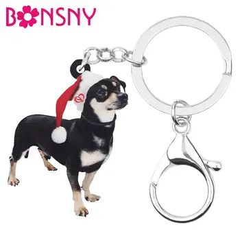Bonsny Akrilik Noel Şapka Chihuahua Köpek anahtarlık Hayvan anahtarlıklar Çanta Araba Çanta dekorasyon aksesuarı Için Kadın Kız erkek Hediye