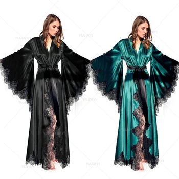Kadın Elbiseler Pijama Kimono Pijama Saf Uzun Siyah İpek Saten Dantel Trim Fotoğraf Elbise Düğün Gelin Kıyafeti Fotoğraf Çekimi