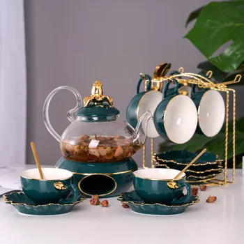 Yeni 600ml Yeşil Altın cam çaydanlık Seramik Kapak Tabanı Sıcak Mumluk demlik fincan ve çay tabağı Meyve Suyu Su çiçek su ısıtıcısı
