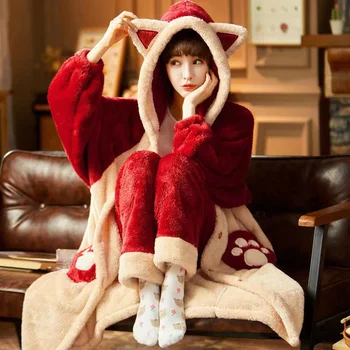 Sonbahar Kış Kadın Kapşonlu Pijama Setleri Kalınlaşmak Sıcak Mercan Polar Pijama Tatlı Sevimli Kadın Gecelik Ev Giysileri