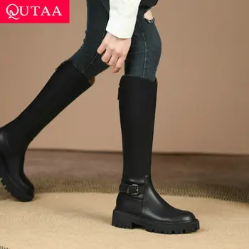 QUTAA 2023 Sonbahar Kış Kadın Diz Yüksek Çizmeler Yuvarlak Ayak Platformları Hakiki Deri Çalışma Rahat Kalın Topuklu Ayakkabı Boyutu 34-40
