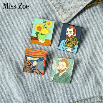 Yağlıboya Emaye Pimleri Özel Çığlık Ayçiçeği Van Gogh Broş Çanta Elbise Yaka Pin Rozeti Sanat Takı Hediye arkadaşlar için