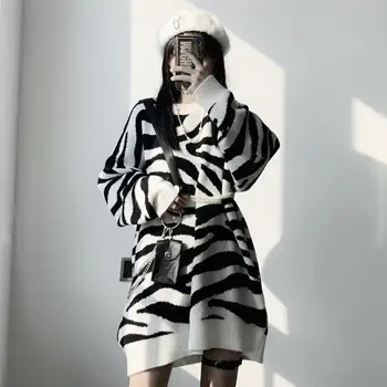 Deeptown Çizgili Kazak Kadın Harajuku Streetwear Zebra Baskı Uzun Kollu Kazak Kış Sonbahar 2022 Goth Mürettebat Boyun Elbise Kpop