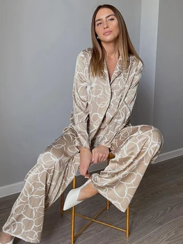 Restve Desen Pijama Kadın 2 Parça Set Saten Uzun Kollu Turn Down Yaka Üstleri Sonbahar Rahat Kadın Setleri Pantolon İle 2022