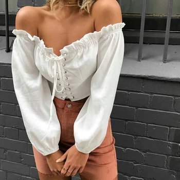 2022 Yaz Kapalı Omuz Seksi Kadın Bluz Gömlek Lace Up Uzun Kollu Beyaz Katı Gömlek Kısa Bandaj Kırpılmış Üstleri Turuncu Blusas