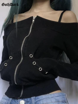 Goth Koyu Grunge Punk Zip Up Siyah Kadın Ceketler Merkezi Gotik Kapalı Omuz Seksi Mahsul Palto Egirl Sonbahar Streetwear Alt Giysi