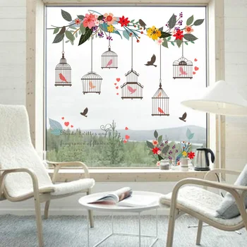 Renkli Çiçek Kuş Kafesi Uçan Kuşlar Duvar Sticker Yaratıcı Ev Dekor Oturma Odası Çıkartmaları Duvar Kağıdı Yatak Odası Kreş Pencere Dekor