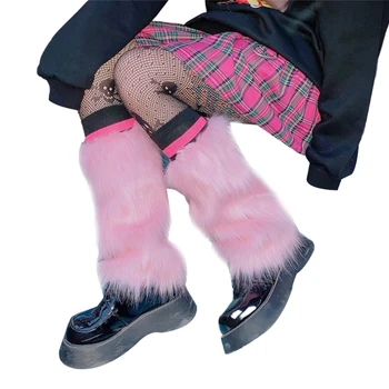 Kadınlar Vintage Kürklü bacak ısıtıcıları Kış sıcak Harajuku Gotik Pembe Faux Kürk Çizmeler Ayakkabı Manşetleri Kapakları Uzun Çorap Streetwear