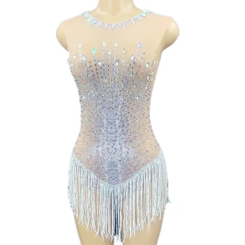 Rhinestone Bodysuit Kadınlar İçin Dans Giyim O-Boyun Kolsuz Şarkıcı Vücut Lady Gaga Kostüm Romper Saçak Gazlı Bez Glitter Leotard