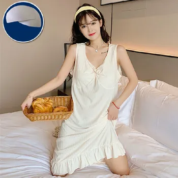 Fdfklak Göğüs Pedi Gecelik Kadın Yaz Yelek Kolsuz Pijama Gecelik Tatlı Sevimli Prenses Tarzı Düz Renk Ev Elbise