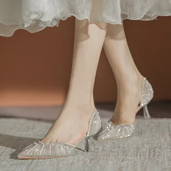 Kristal Kraliçe 6 CM Sivri Burun Gelin Düğün Ayakkabı Külkedisi Balo Rhinestone Mary Janes Yüksek Topuklu Ince Topuklu Mary Jane Ayakkabı