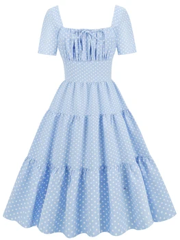Polka Dot Baskı Pilili Yaz Vintage Elbiseler Boyun Dantelli Düğüm Ön Yüksek Bel Zarif Mavi Midi Elbise Kadınlar Akşam Sundress