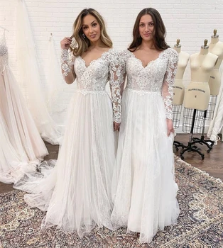 Vinca Güneşli Zarif Uzun Kollu düğün elbisesi Dantel Aplikler gelinlikler Tül Organze V Yaka vestidos elegantes para mujer
