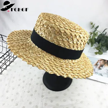 7 cm Geniş Ağızlı Şapka Kap Şerit Yuvarlak Düz Üst Buğday Hasır Şapkalar Güneş plaj şapkası Yaz Kadın kentucky derby Şapka Sombreros Mujer