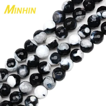 MINHIN Doğal Taş Yönlü Boncuk Takı Yapımı için Siyah Beyaz Şerit Akik Yuvarlak dağınık boncuklar için dıy bilezikler 8 10mm Boyutu