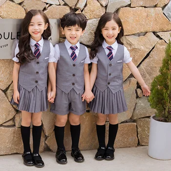 Çocuk kore okul üniforması Erkek Kız Pilili Etek Yelek Üst Çocuklar Performans Giyim Seti Sahne Giyim Öğrenci Üniforma Kıyafet