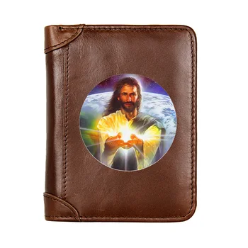 Lüks Vintage Tanrı İsa Baskı Hakiki Deri Erkek Cüzdan Klasik Cep Ince kart tutucu Erkek Kısa bozuk para çantaları