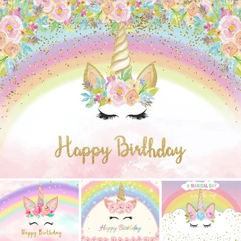 Gökkuşağı ünikorn Zemin Doğum Günü Partisi Kızlar için Suluboya Çiçek Glitter Yenidoğan Bebek Duş Dekor Fotoğraf Arka Plan