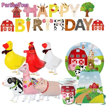 DIY Çiftlik Doğum Günü Dekorasyon Hayvanlar Tema Parti Sofra Kağıt Bardak Tabak Çekme Bayrak Afiş Balon Çocuk Parti oyuncak Malzemeleri