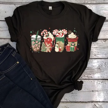 Noel 2023 Gömlek Kahve Ts Gömlek Noel kadın kıyafetleri Estetik Latte Kahve Giyim Estetik Üst Karikatür Tee m