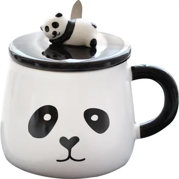 Kawaii Büyük Panda Kupalar seramik fincan süt kahve kaşıklı kupalar kapaklı çay fincanları termal su şişeleri 450ml Çocuklar İçin noel hediyesi