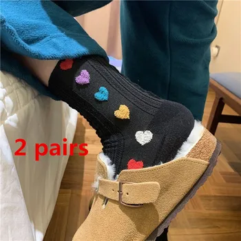 2 pairs Kadın Çorap Siyah Moda Sevimli Pamuk Nefes Çorap Japon Tarzı Sevimli Aşk Kalp Rahat Kızlar Tatlı Yüksek Kaliteli