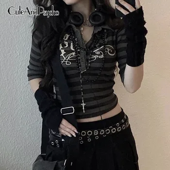 Gotik Çizgili Grunge Elbise Kadın Y2K Fairycore Sevimli Kırpma Üstleri Tee Koyu Akademi Şık Rahat Estetik Gömlek Cuteandpsycho