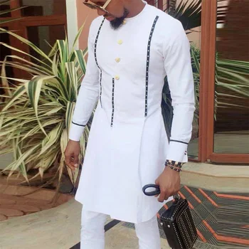 Ramazan Bayram Müslüman Moda Erkek Gömlek Arap Hint Uzun Kollu Ekip Boyun Beyaz Baskı Abayas Dubai Rahat İslami Giyim