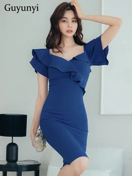 Zarif Ofis Bayan Elbise 2022 Yaz Mavi V Yaka Bir Kelime Olabilir Boyun Flouncrd Kenar Yüksek Bel Sıkı Mizaç Elbise Kadın