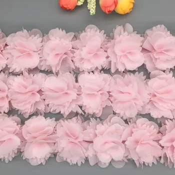 1 Yard Pembe Şifon 3D Çiçekler Dantel Trim El Yapımı Süslemeler Gelin düğün elbisesi Çocuk Giysileri Aplike Dikiş El Sanatları Süslemeleri